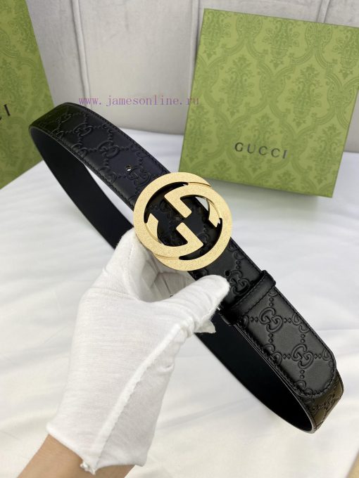 Width 4.0 Gucci Interlocking Double G Strip Buckle Belt, crafted from smooth original calf l aqqiwstw - Image 7