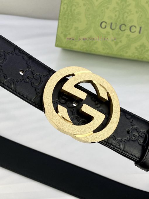 Width 4.0 Gucci Interlocking Double G Strip Buckle Belt, crafted from smooth original calf l aqqiwstw - Image 8