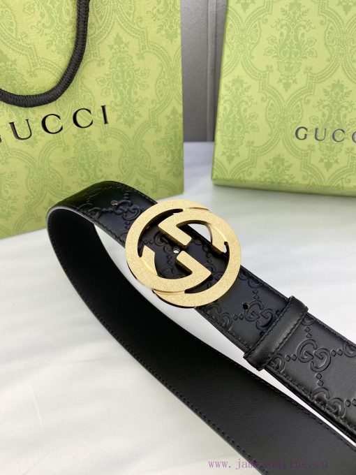 Width 4.0 Gucci Interlocking Double G Strip Buckle Belt, crafted from smooth original calf l aqqiwstw - Image 9