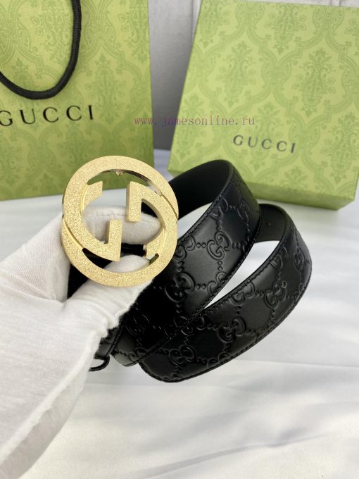 Width 4.0 Gucci Interlocking Double G Strip Buckle Belt, crafted from smooth original calf l aqqiwstw - Image 10