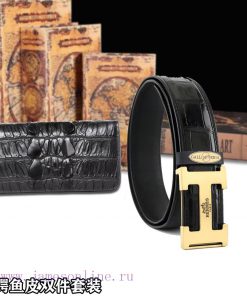 Real crocodile belt+walletDouble piece wooden box with accompanying picturesHERMES Belt+Wall jz7j1sar
