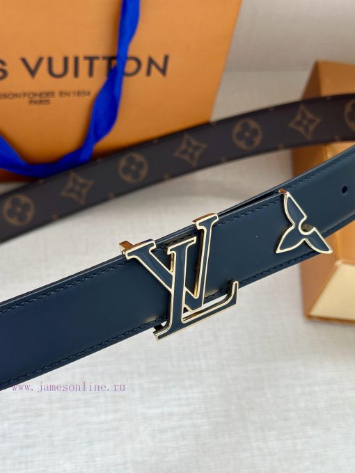 The 3.0-wide Pretty LV double-sided belt features a dazzling metal carved LV Initiales buckl m9pvr00r - Image 3