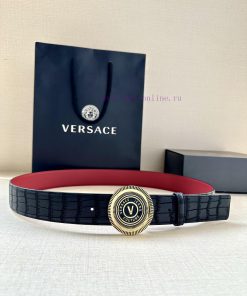 Width 3.8cm VERSACE JEANS COUPURE Leather V-EMBLEM Buckle Belt with La Greca accents for per 7g4b6pff