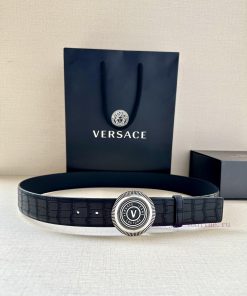 Width 3.8cm VERSACE JEANS COUPURE Leather V-EMBLEM Buckle Belt with La Greca accents for per ic70s5bg