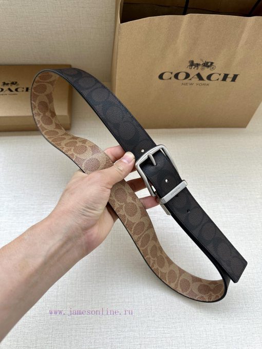 The 3.7cm wide COACH double-sided waist belt is made of one side of black/khaki fabric and c 24k46sxp - Image 7