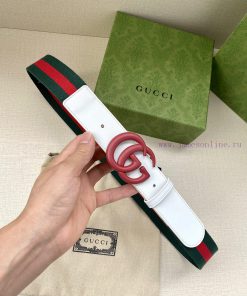 Width 4.0cm GUCCI classic canvas woven belt with woven leather edges and double G-buckles, p 4u32d3yv