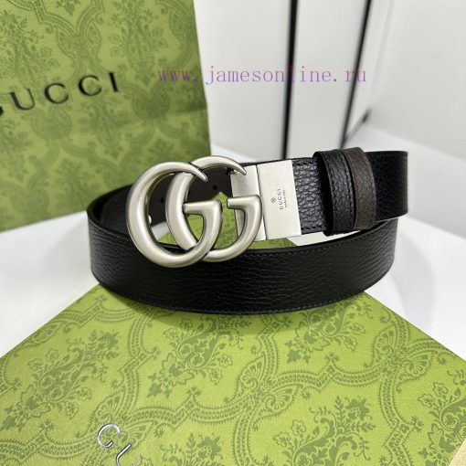 Gucci black coffee double-sided imported Togo coarse lychee skin, width 3.7cm retro GG rotat 7720vsur - Image 2