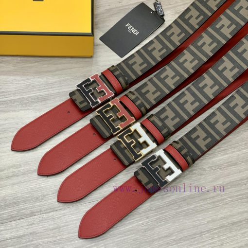 FENDI style, width 4.0CM, double ring front and back waist belt with FF nail buckle, red Cuo x261wtje - Image 10