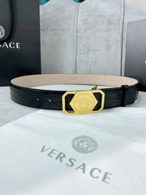 Width 4.0cm Versace Stone Pattern Sand Bottom Belt with Iconic Versace Medusa Portrait Buckl azqkxvd8