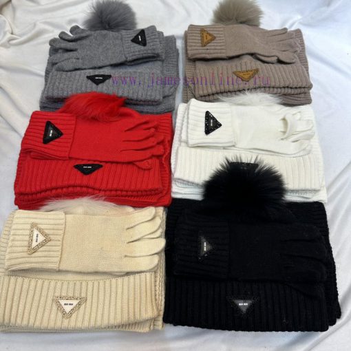 Miumiu three piece set wool three piece set hat scarf gloves classic set hat with 12cm fox fina2k03x - Image 15