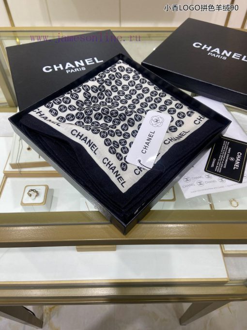 The new Chanel LOGO color blocked cashmere 90 double-sided same color printed cashmere squars1c25fe8 - Image 15