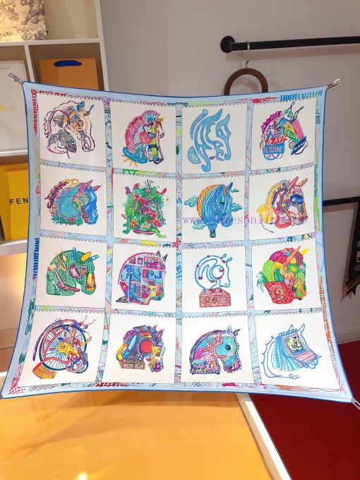 The original HERMES horse prism 90cm silk handkerchief designer depicted sixteen horses on t7ndvve9s - Image 6