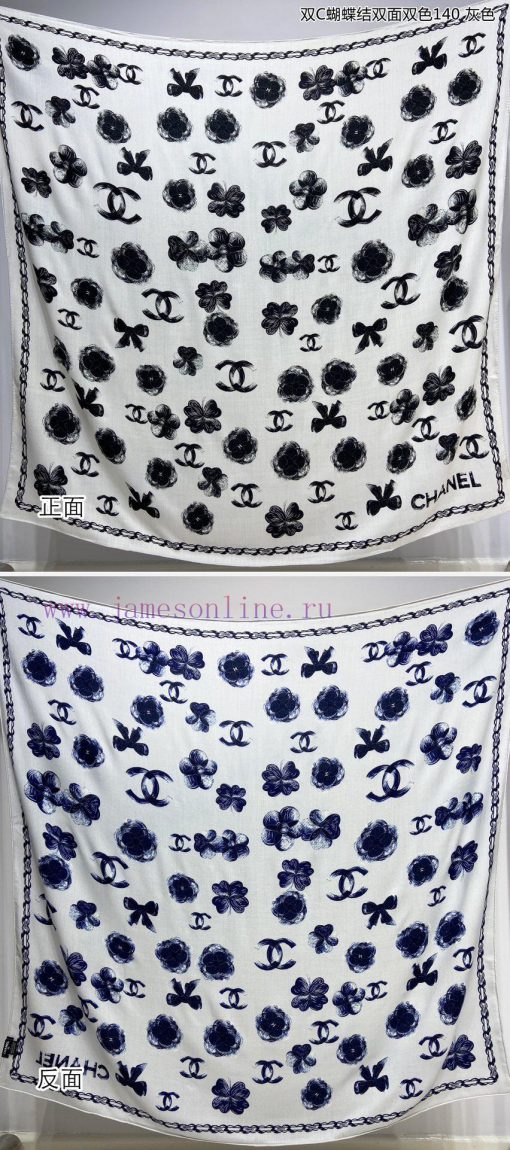 High end customized Chanel double-sided dual color cashmere square scarf, double C butterfly33fjnit1 - Image 4