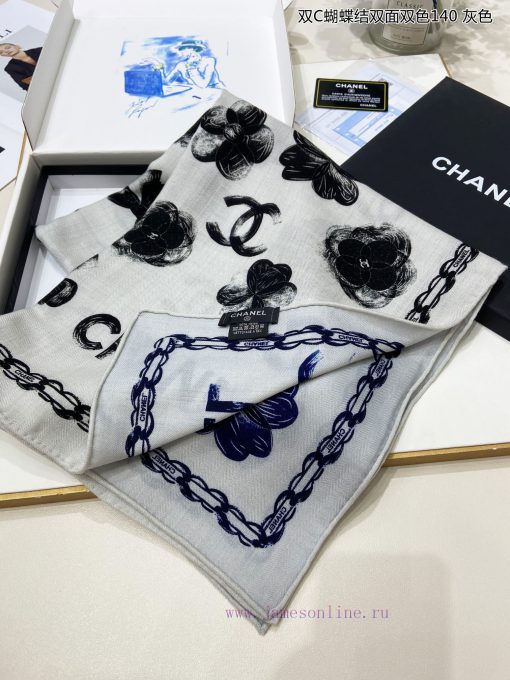 High end customized Chanel double-sided dual color cashmere square scarf, double C butterfly33fjnit1 - Image 5