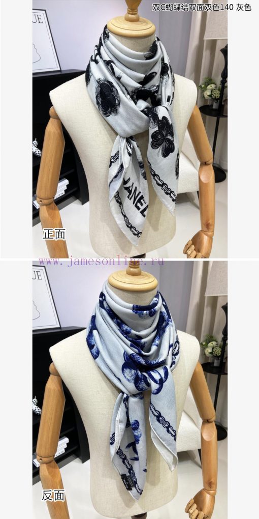 High end customized Chanel double-sided dual color cashmere square scarf, double C butterfly33fjnit1 - Image 6