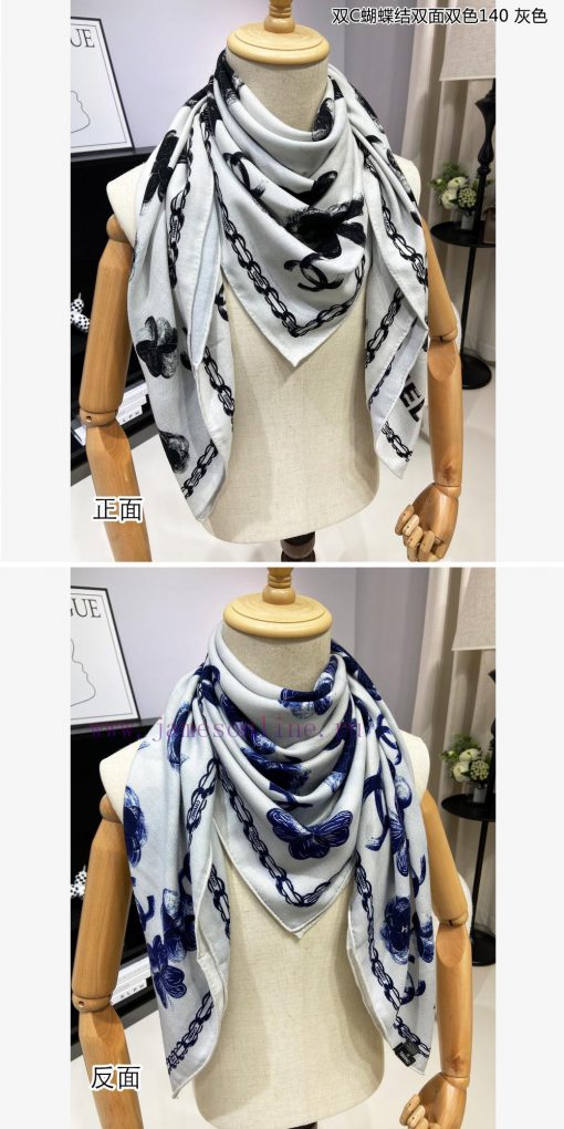 High end customized Chanel double-sided dual color cashmere square scarf, double C butterfly33fjnit1 - Image 7