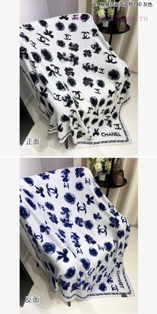 High end customized Chanel double-sided dual color cashmere square scarf, double C butterfly33fjnit1 - Image 8