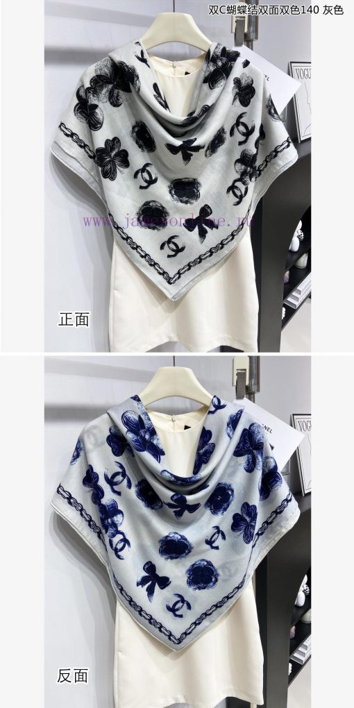 High end customized Chanel double-sided dual color cashmere square scarf, double C butterfly33fjnit1 - Image 12