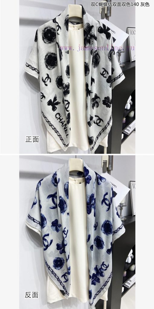 High end customized Chanel double-sided dual color cashmere square scarf, double C butterfly33fjnit1 - Image 13
