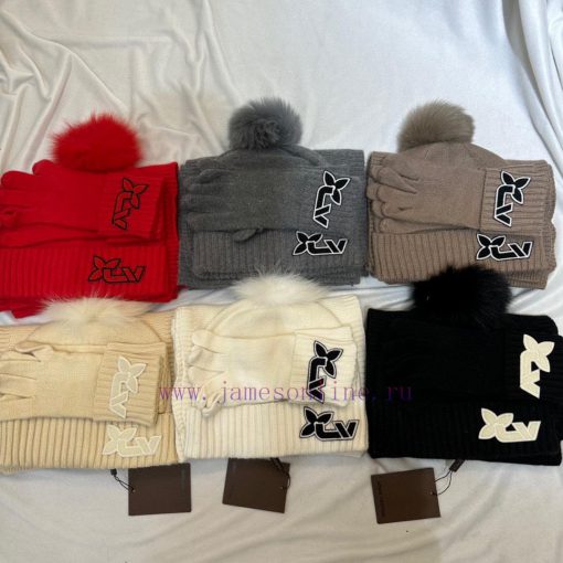 LV three piece wool three piece set hat scarf gloves classic set hat with 12cm fox fur ball 468fndyk