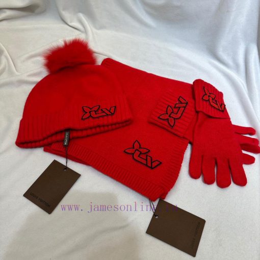 LV three piece wool three piece set hat scarf gloves classic set hat with 12cm fox fur ball 468fndyk - Image 5