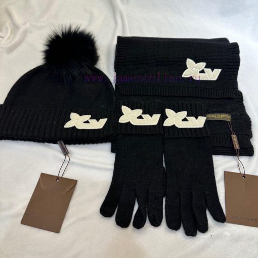 LV three piece wool three piece set hat scarf gloves classic set hat with 12cm fox fur ball 468fndyk - Image 6
