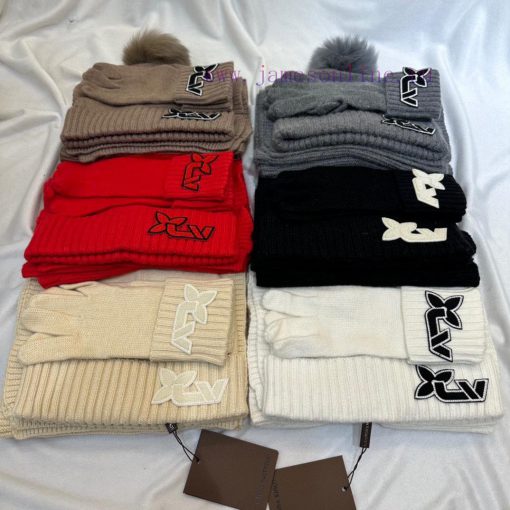 LV three piece wool three piece set hat scarf gloves classic set hat with 12cm fox fur ball 468fndyk - Image 9