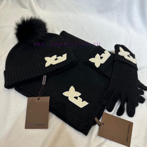 LV three piece wool three piece set hat scarf gloves classic set hat with 12cm fox fur ball 468fndyk - Image 10