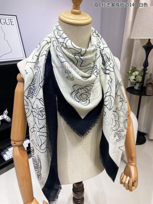 The new Chanel Double C logo family lock edge 140 whisker edge cashmere square scarf is highvg991j97 - Image 6