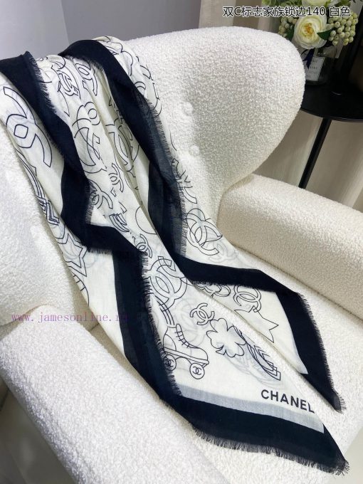 The new Chanel Double C logo family lock edge 140 whisker edge cashmere square scarf is highvg991j97 - Image 8