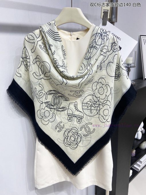 The new Chanel Double C logo family lock edge 140 whisker edge cashmere square scarf is highvg991j97 - Image 11