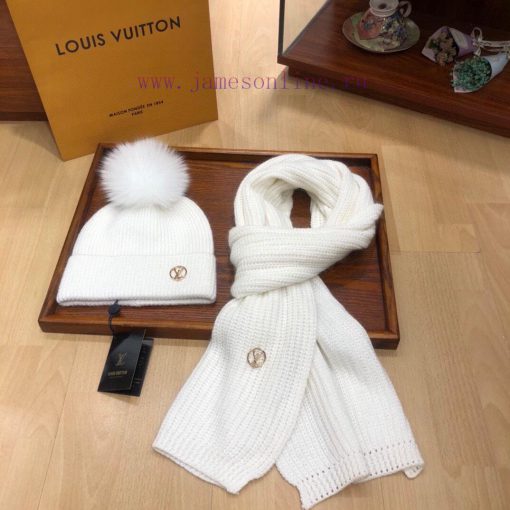 LV set Louis Vuitton knitted hat scarf set with 15cm real fur fox fur ball 30% rabbit fur 70wpb5c6rc - Image 4