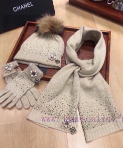 Chanel Three Piece Set: Chanel Cashmere Knitted Scarf, Hat and Gloves, 70% Cashmere, 30% Rabcu0237xz