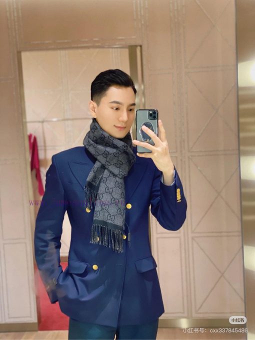 High quality 𝐆𝐔𝐂𝐂𝐈 Jacquard fringe knitted scarfSuper beautiful denim blue+coffee contrastin92iwzeit