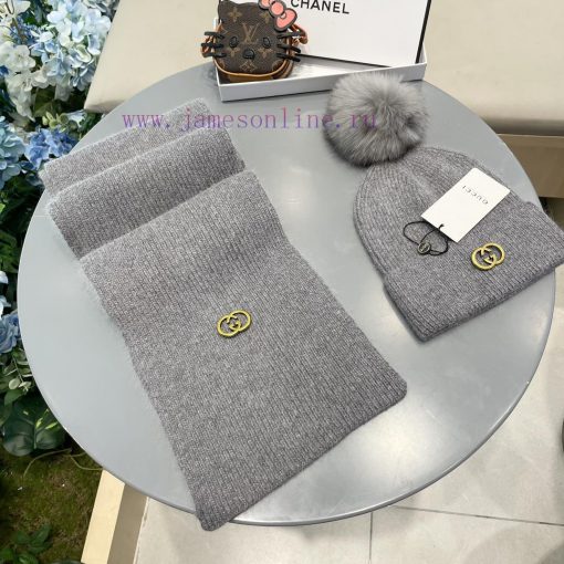 GucciGUCCI classic set hat with fox fur ball hat scarf, cashmere rabbit fur quality, warm an25i2m566 - Image 5