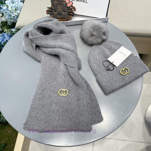 GucciGUCCI classic set hat with fox fur ball hat scarf, cashmere rabbit fur quality, warm an25i2m566 - Image 6