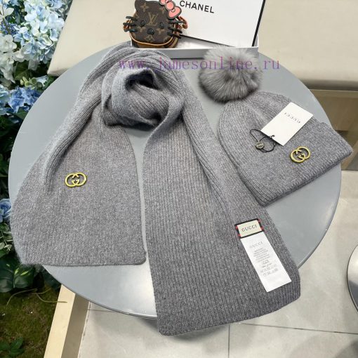 GucciGUCCI classic set hat with fox fur ball hat scarf, cashmere rabbit fur quality, warm an25i2m566 - Image 7