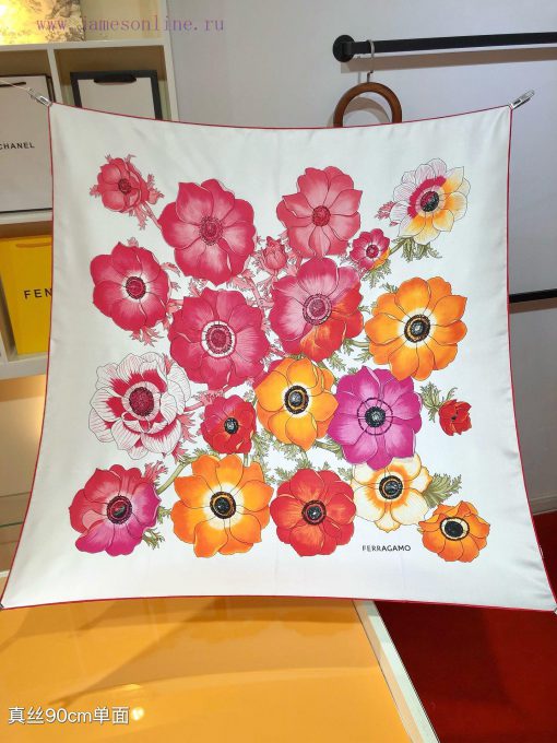 SFG2403 ‼ The original Ferragamo Anemone print 90cm square scarf is on sale. The Anemone pritqqeqt33 - Image 5