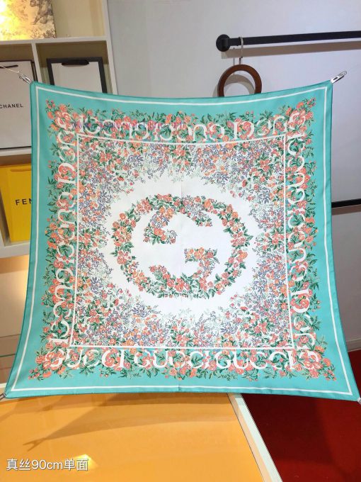 SGC2423 original Gucci interlocking double G flower print twill 90cm square towel~The colorf68r1l973 - Image 4