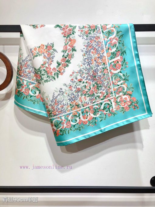 SGC2423 original Gucci interlocking double G flower print twill 90cm square towel~The colorf68r1l973 - Image 8
