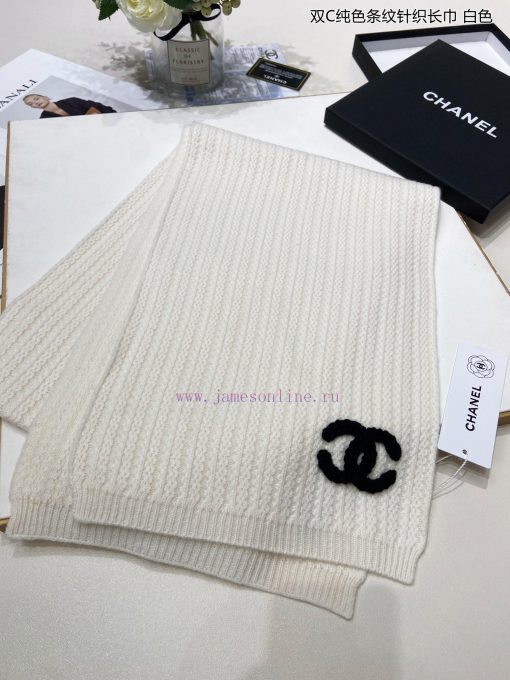 Chanel's new double-C solid color striped knitted long scarf, cashmere knitted long scarf, i7na0il6g - Image 5
