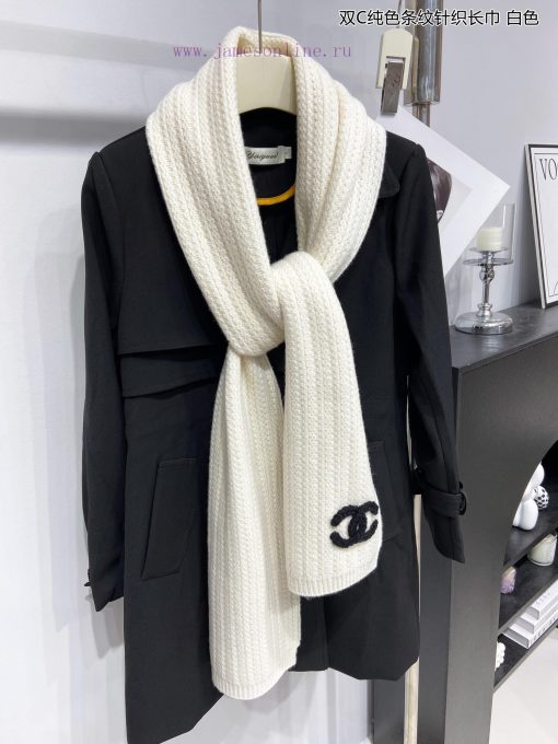Chanel's new double-C solid color striped knitted long scarf, cashmere knitted long scarf, i7na0il6g - Image 8
