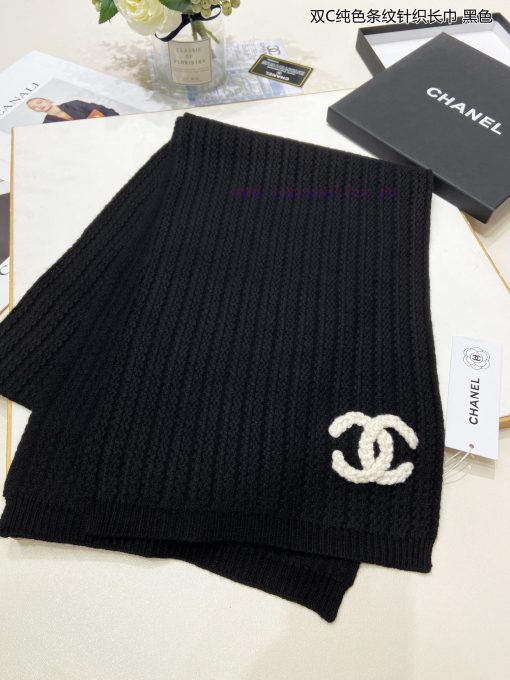 Chanel's new double-C solid color striped knitted long scarf, cashmere knitted long scarf, iqye0cbkv - Image 4