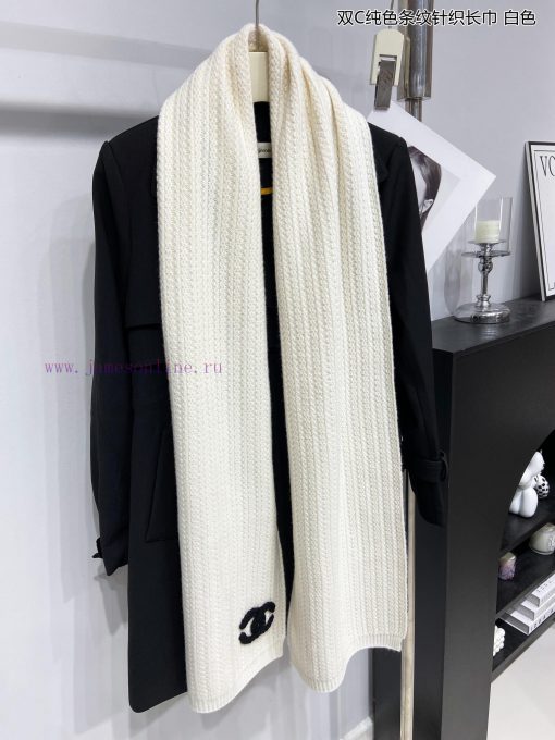 Chanel's new double-C solid color striped knitted long scarf, cashmere knitted long scarf, i7na0il6g - Image 9