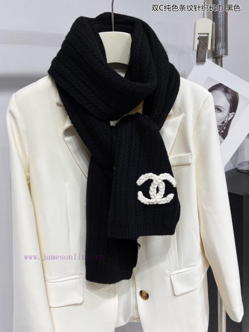 Chanel's new double-C solid color striped knitted long scarf, cashmere knitted long scarf, iqye0cbkv - Image 5