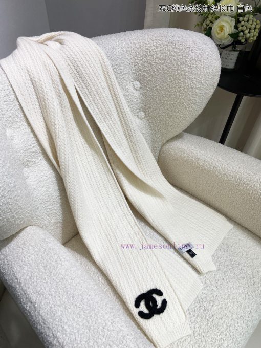 Chanel's new double-C solid color striped knitted long scarf, cashmere knitted long scarf, i7na0il6g - Image 10
