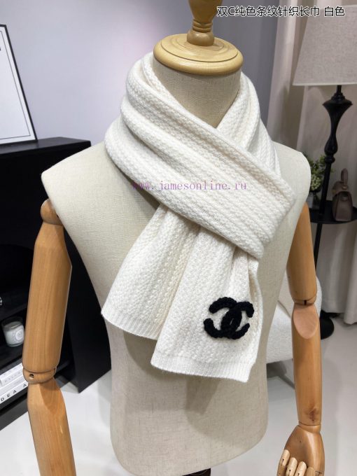 Chanel's new double-C solid color striped knitted long scarf, cashmere knitted long scarf, i7na0il6g - Image 12