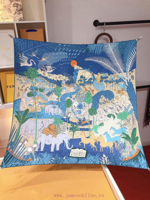 SHMS2315 Original HERMES Animal Carnival 90cm Silk Scarf In the world depicted by Thibaut Ra3q1txyct - Image 6
