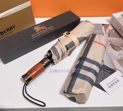 Burberry Diamond Pattern Pear Wood Handle Fully Automatic Triple Fold Eyebrow Umbrella This w7mirine - Image 4