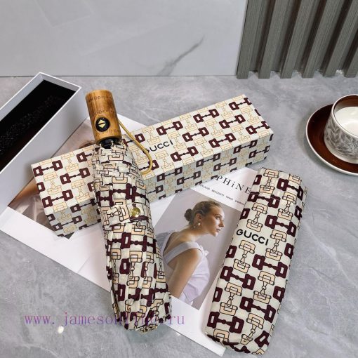 GUCCI Wooden Handle 2024 Summer New Fully Automatic Folding Sunny UmbrellaBlack coating sunsh3ll7hjk - Image 3